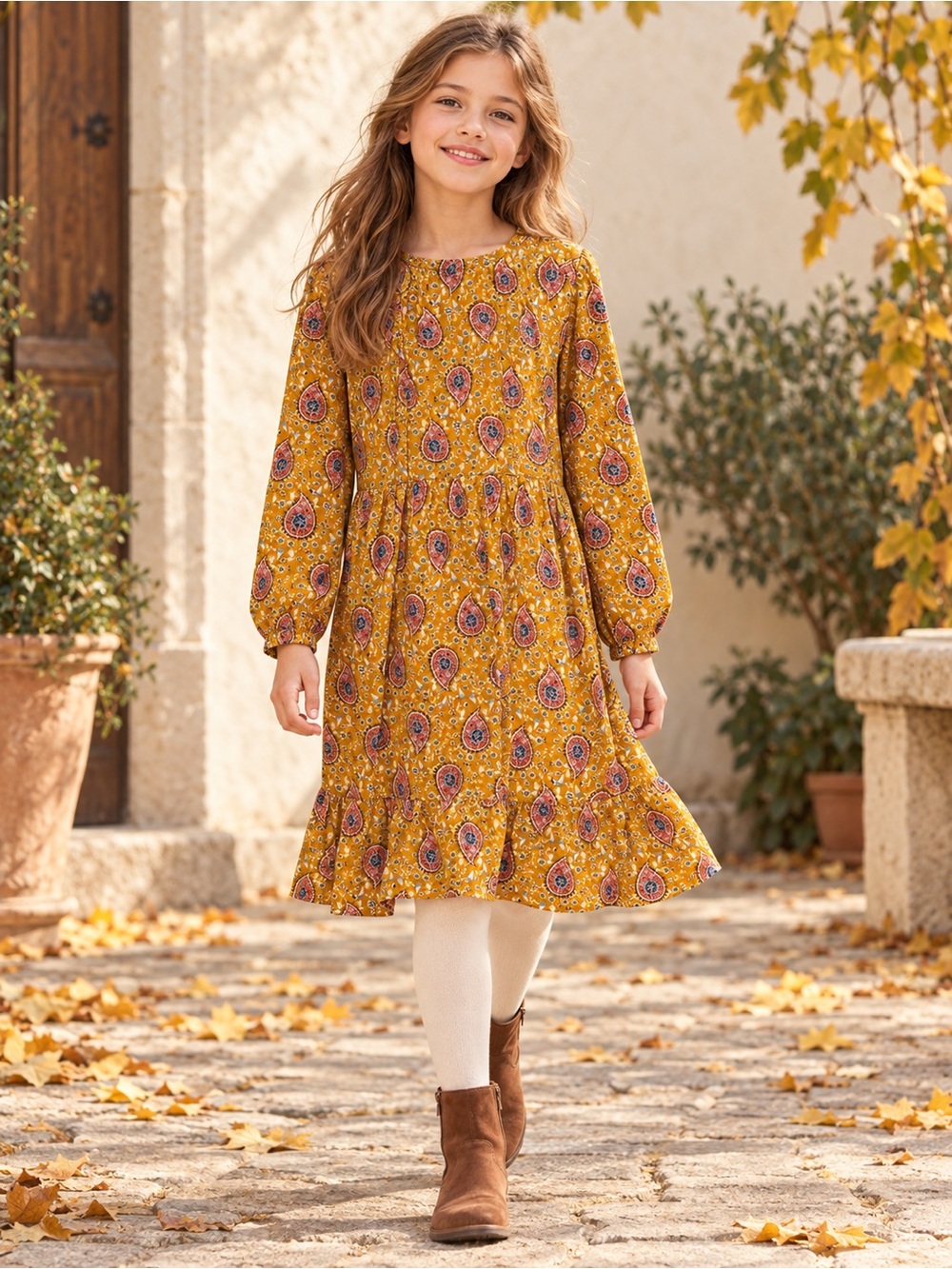 Zara Girls Mustard Paisley Long Sleeve Dress Size 10